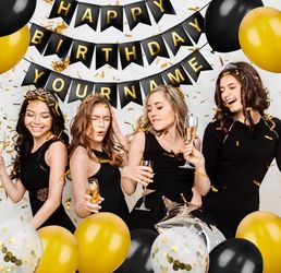 Happy Birthday Banner, Personalized Birthday Decorations Reusable Multi Occasion Party Decorations Bunting Banner with Black and Gold Confetti Balloon