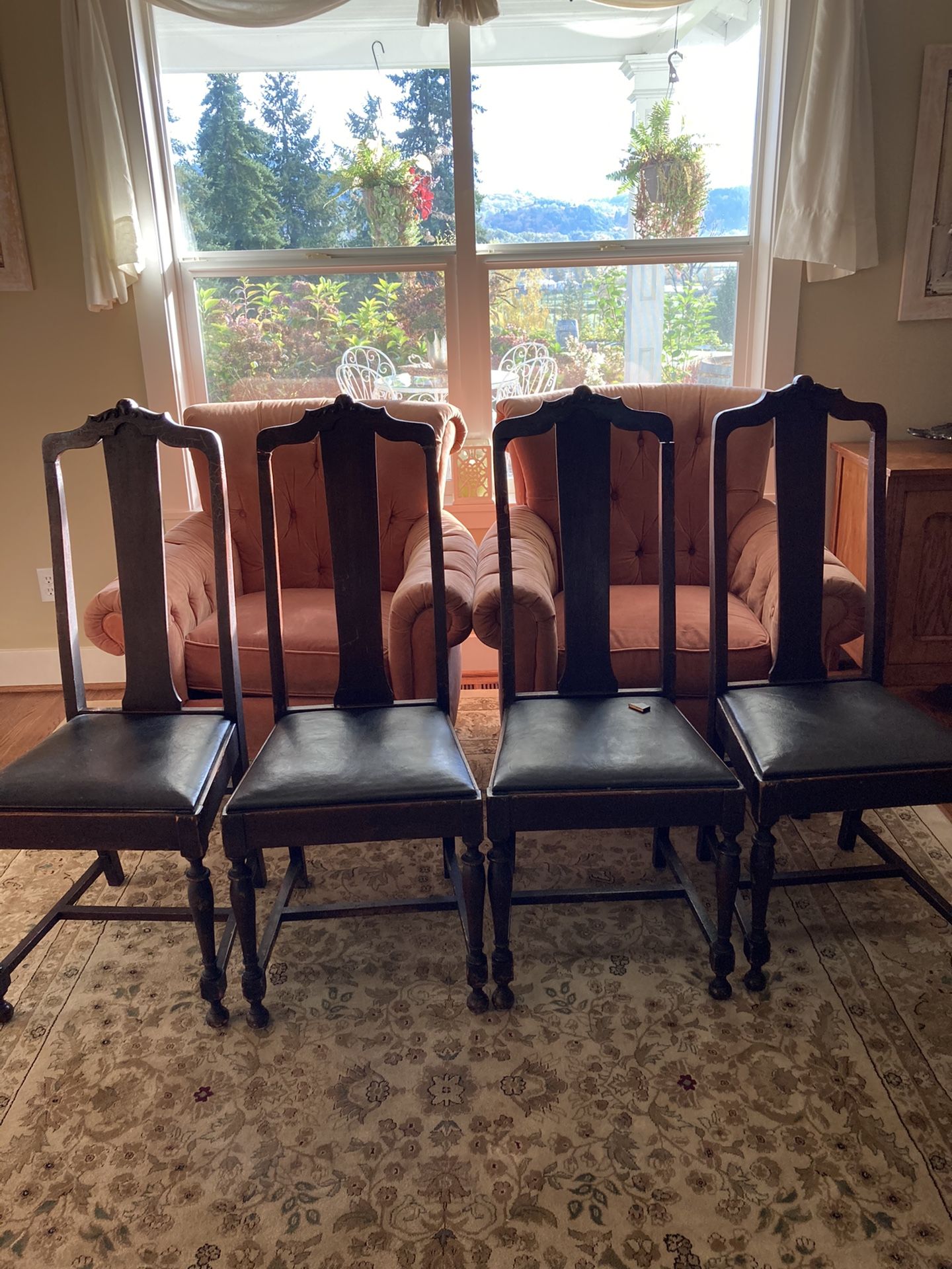5 Dining Chairs  Black Leather Seats     