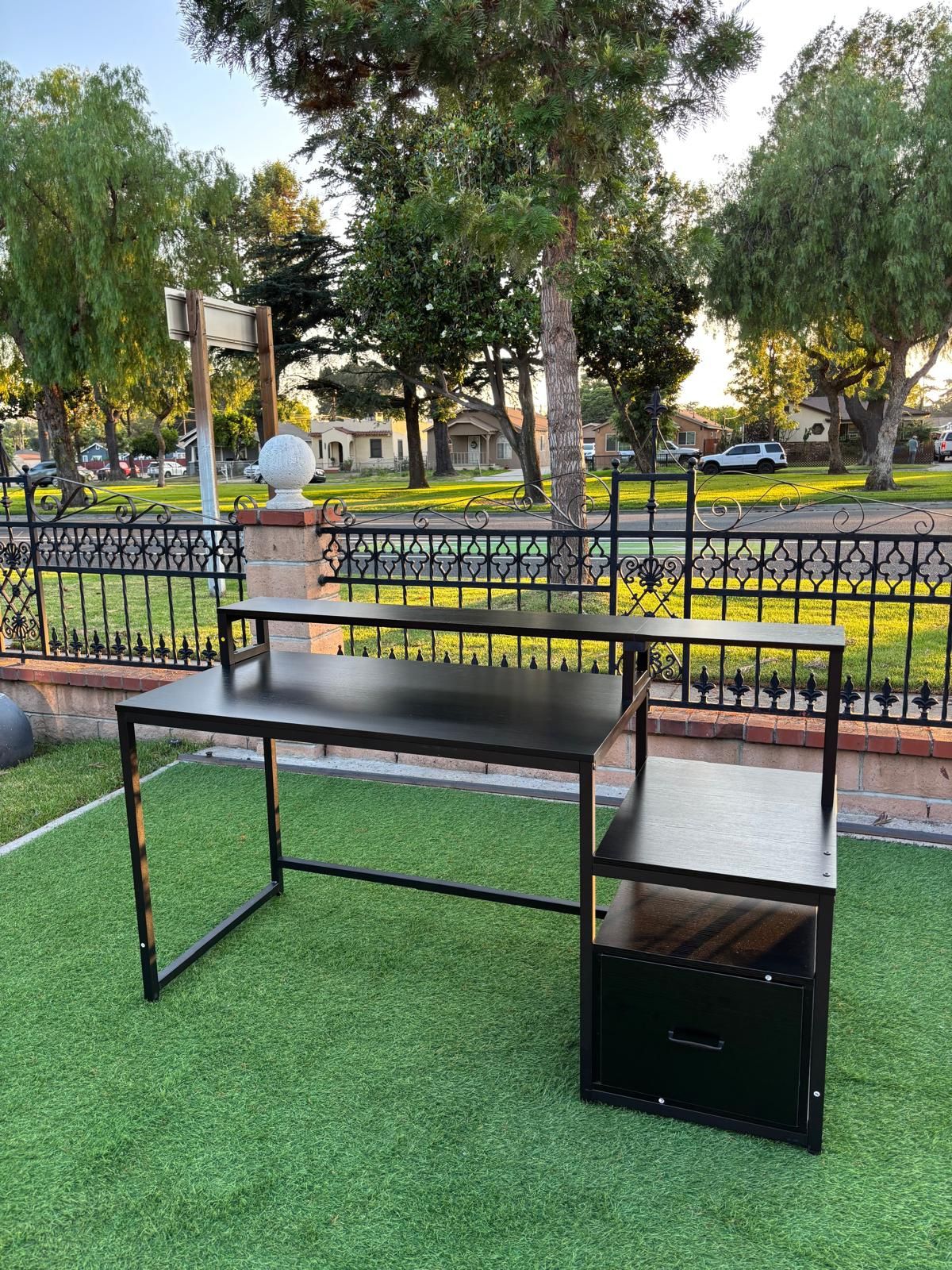 Retangular Vintage black Wood Drawer Computer Desk with Monitor Stand Storage, Shelves for Home Office