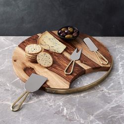 Crate&Barrel Beck Cheese Board and 3 Gold Cheese Knives Set