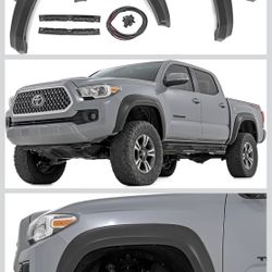 Rough Country Sport Style Fender Flares for Toyota Tacoma (2016-2023) - Durable ABS Flares, 1" Coverage, No-Drill Install, UV-Protected Flat Black Fin