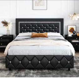 Full Size Bed Frame, Upholstered Platform Bed with Headboard, Black
Faux Leather Fabric/Diamond Tufted Design Headboard and Footboard/Wooden Slats/No 