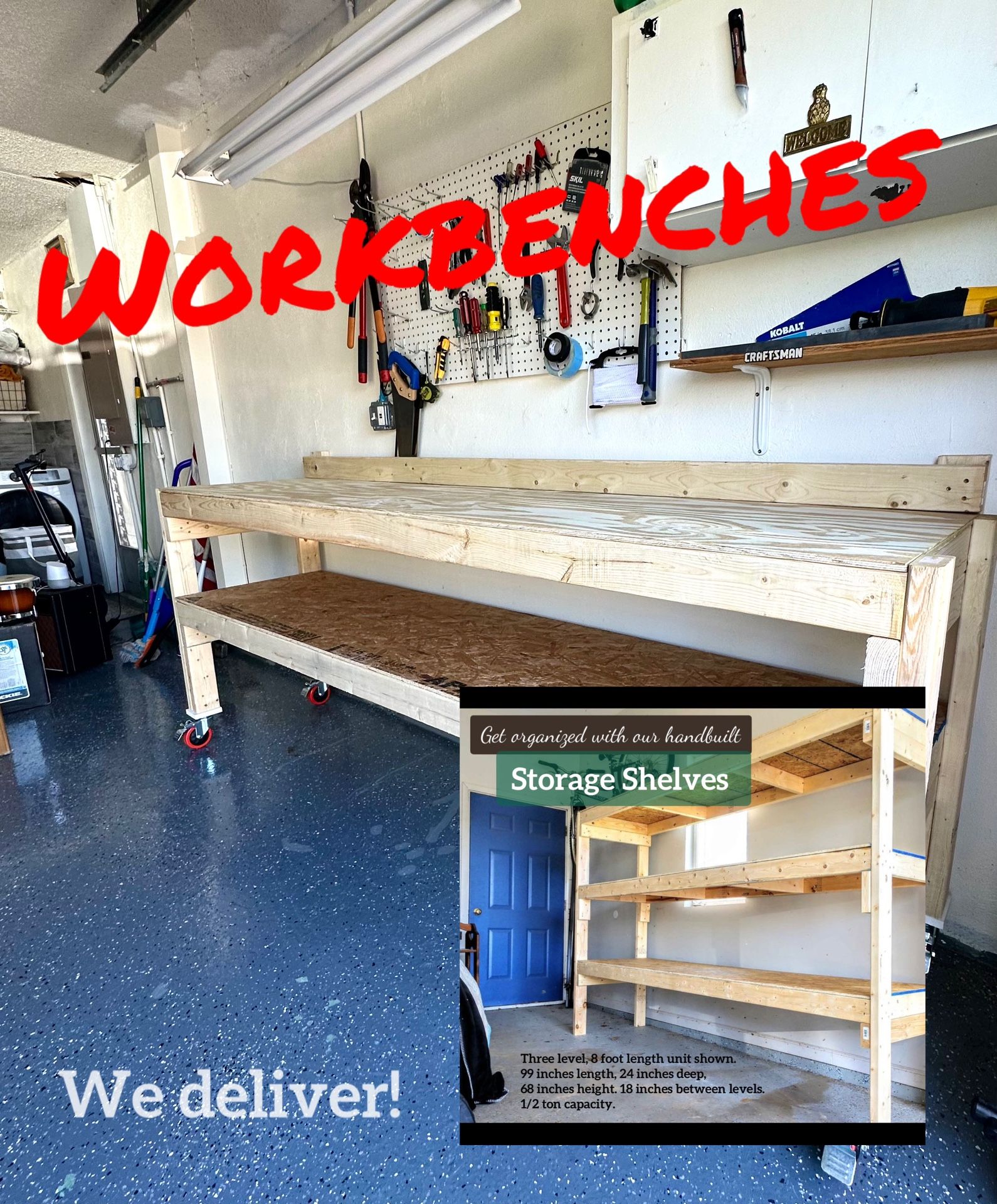🔥 DELIVERY! GARAGE STORAGE SHELVES & Workbenches for Sale. All-new Construction.