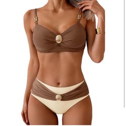 Women’s Brown and Cream Eomenie Bikini Sets  Color Block Size S