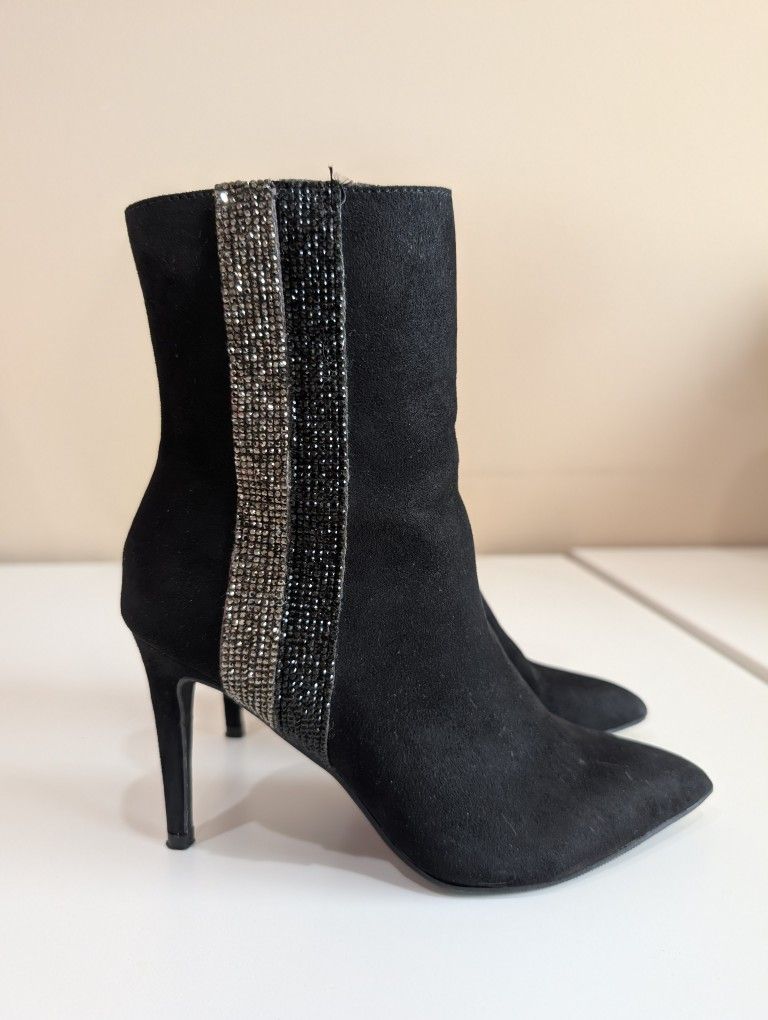 Material Girl Black Suede Heeled Boots with Silver Detail Stripe - Size 5
