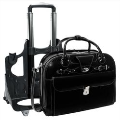 McKlein Roseville Black Leather 15" Detachable Wheeled Laptop Briefcase NEW