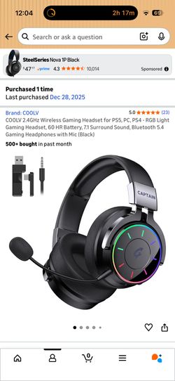 Wireless Gaming Headset for PS5, PC, PS4 - RGB Light Gaming Headset, 60 HR Battery, 7.1 Surround Sound, Bluetooth 5.4 Gaming Headphones with Mic (Blac