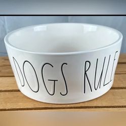 HUGE 8" x 3-1/2" Heavy Thick Rae Dunn "DOGS RULE" Dog Food 8-Cup Dish Bowl NEW