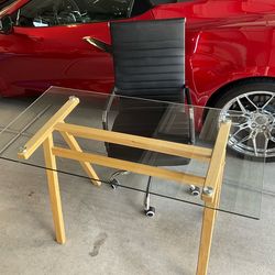 Modern Glass Top Desk – Wood A-Frame – Clean Minimalist Style - $295- Includes Faux Leather Executive Chair