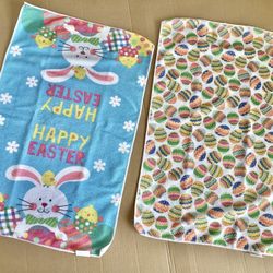 2 UNUSED Easter Hand / Dish Towels Cotton Painted Eggs Bunny Rabbit Holiday Design