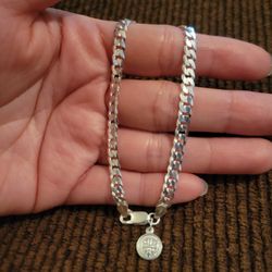 Italy 925 Solid Sterling Silver Cuban Link Bracelet w/ Saint Benedict Mini Charm for Women 7.5" Plata 925 Pulsera San Benito Para Dama 7.5"