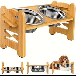 Elevated Non-slip Dog Feeder Stand With Double Bowls, 6 Height Adjustable Bamboo Dog Feeder Stand With 2 Stainless Steel Bowls For Neck Protection