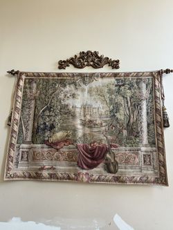 Elegant Wall Tapestry with Ornate Rod – European Castle Scene
