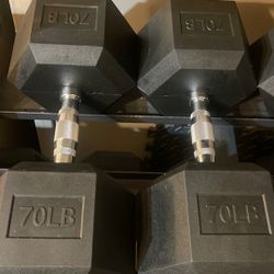 PAIR  OF  70 LB. NEW  RUBBER  HEX  DUMBBELLS   •  also have Rubber : 95s 90s 50s 45s 40s 35s 30s 25s 20s 15s 10s 5s