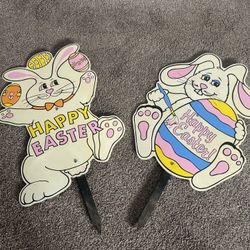 Pair of Easter Garden Decorations with wood stakes about 31” x 18”