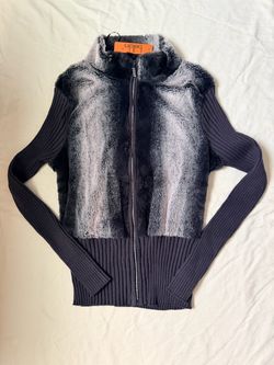 Womens Black Y2K Faux Fur Ribbed Full Zip Sweater Jacket Rhinestones Size XL - NWT