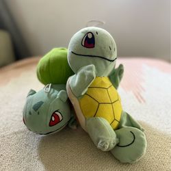 Pokémon Bulbasaur & Squirtle Plush Set, Hanging Loop, Green/Blue/Yellow