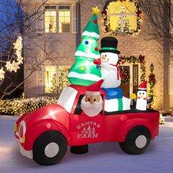 8FT Inflatable Santa Truck with Snowman and Penguin – Lighted Christmas Outdoor Decoration, Built-In LED Holiday Display for Yard or Lawn