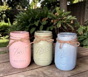 Chalk painted distressed mason jars - pink sage green blue
