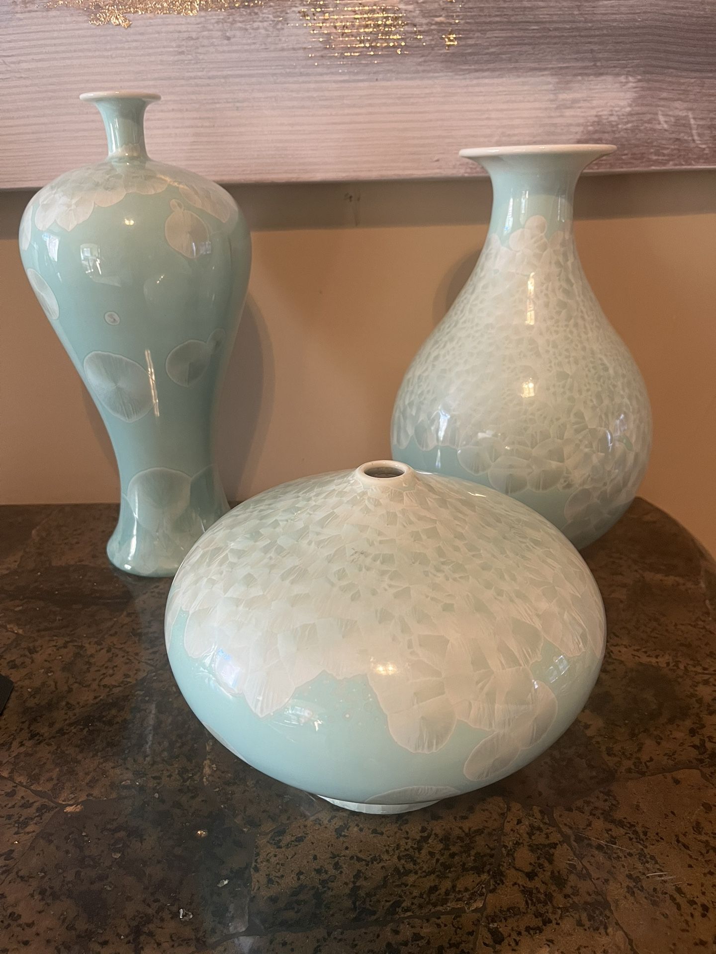 Rare Find: Set Of 3 Aqua Swirling Leaves Handcrafted Handblown Stunning And Exquisite Vases