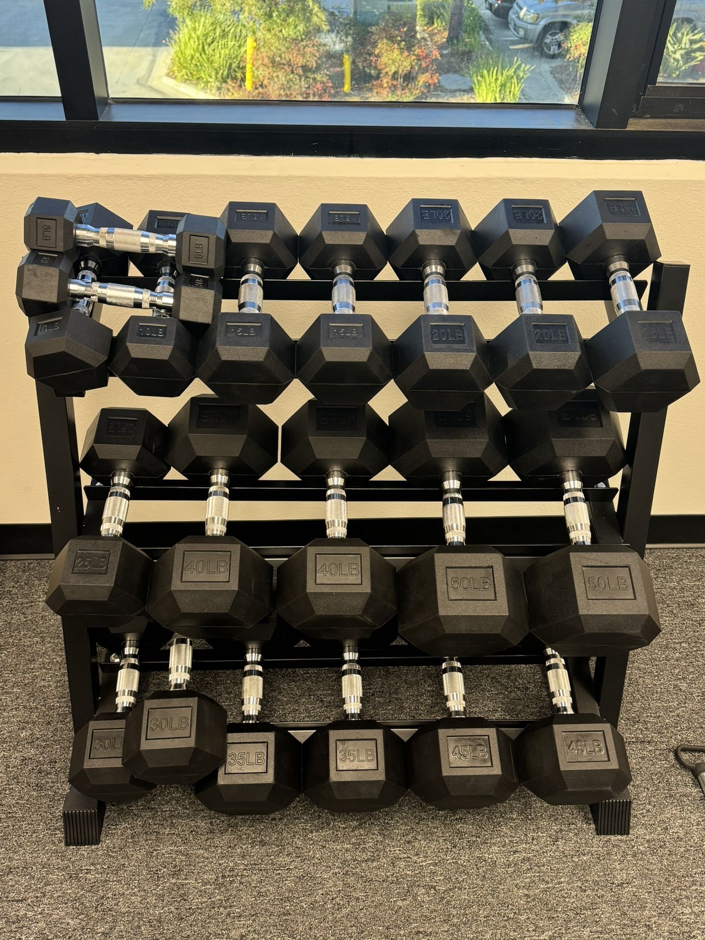 (New In Box) 5-50lb Rubber Hex Dumbbells With 3 Tier Dumbbell Rack Weights - Click On Out Profile For More Gym Equipment Via