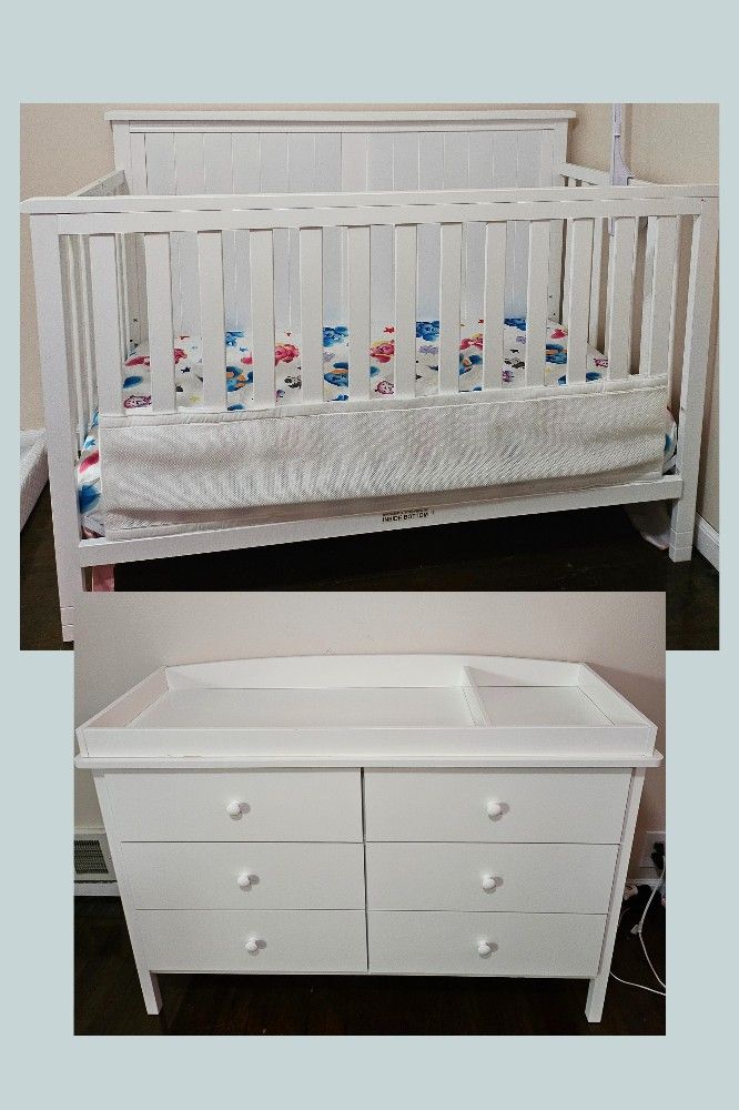 3 in one baby crib, matress and dresser set 