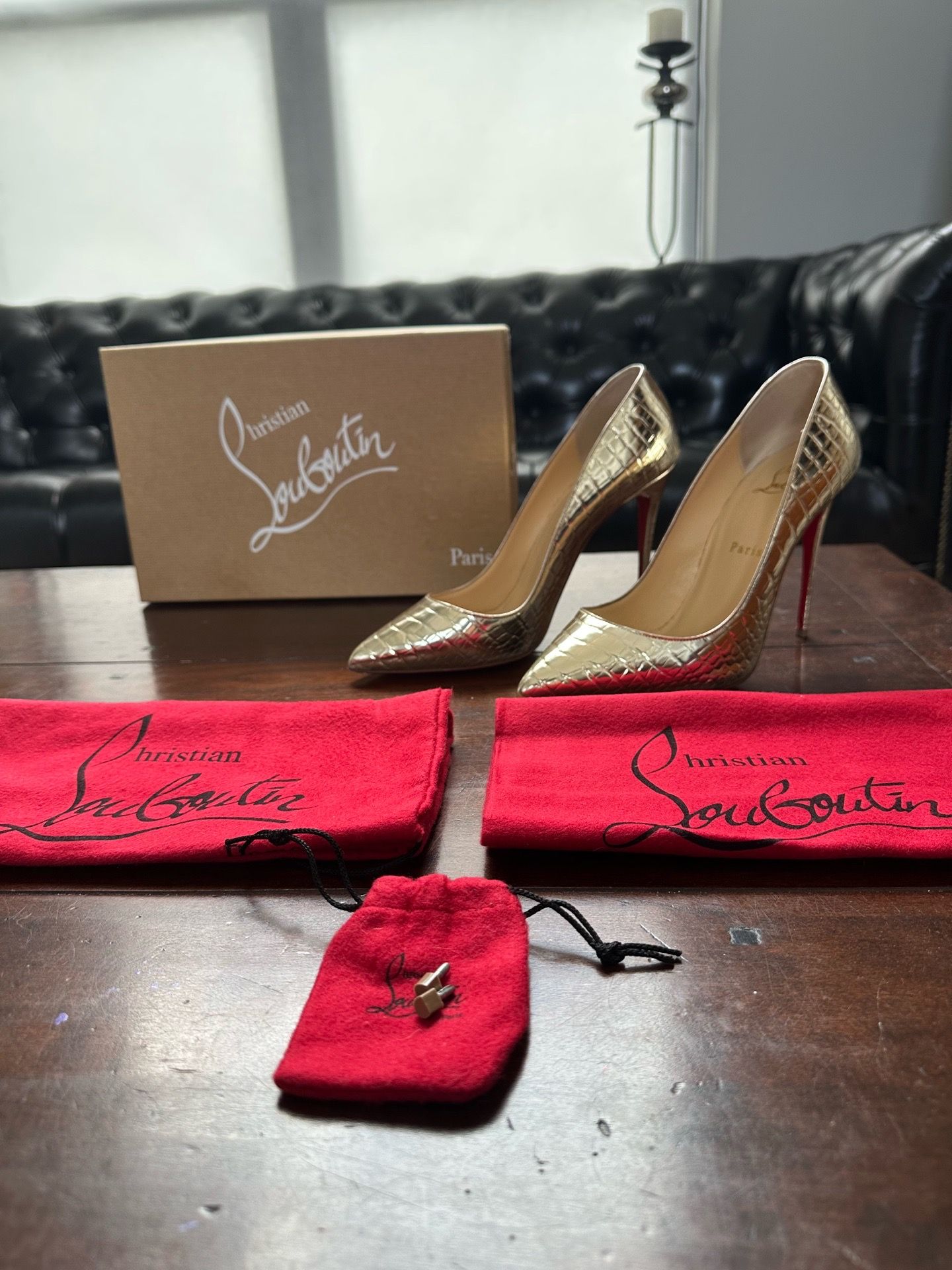 Christian Louboutin Gold Crocodile Embossed Pointed Toe Stiletto Pumps