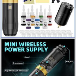 BRAND NEW Tattoo Gun Kit with Wireless Rotary Tattoo Machine, 1500mAh Battery, 20 Tattoo Cartridge
