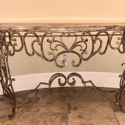 Marble Top And Scrolled Wrought Iron Entryway Console Table 