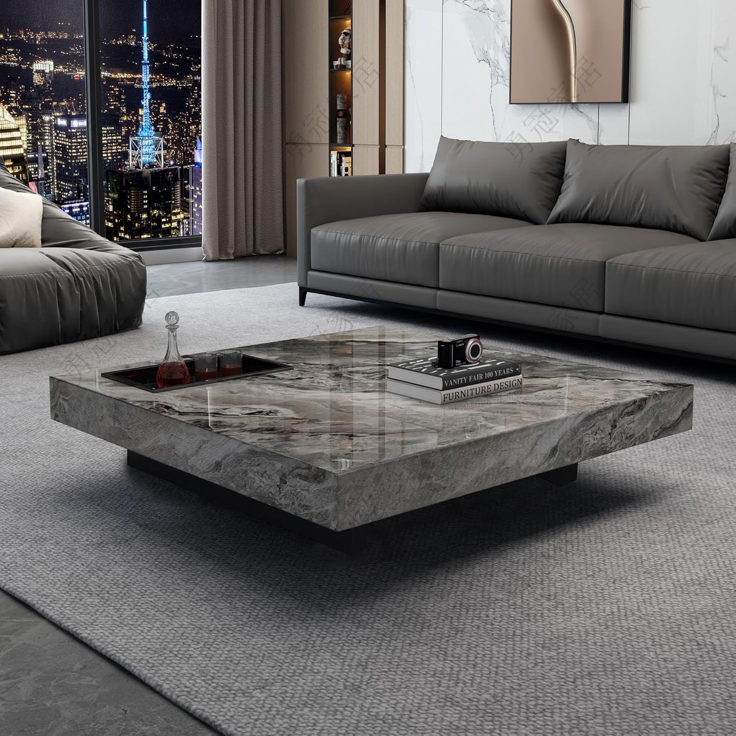 JASIWAY Luxury Sintered Stone Square Coffee Table with Carbon Steel Base