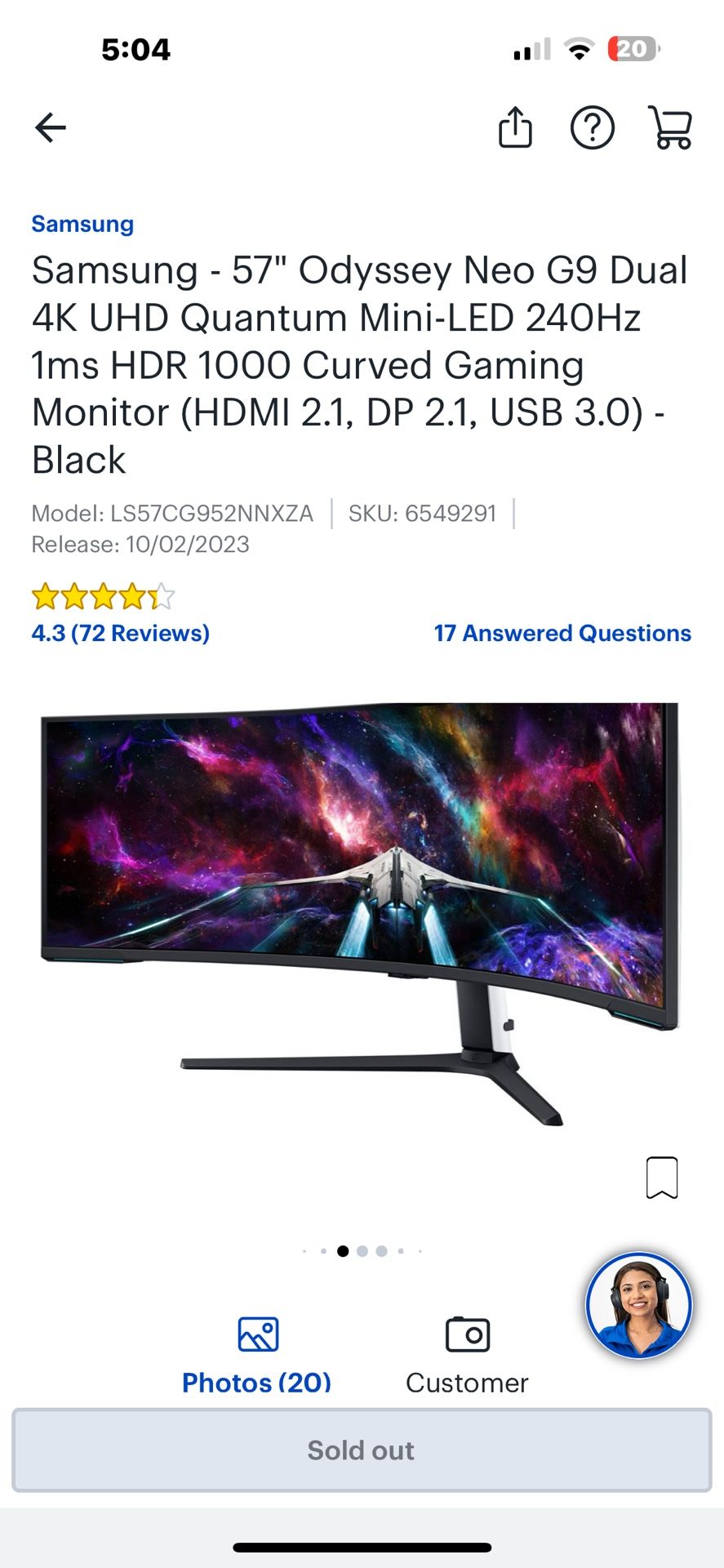 Samsung - 57" Odyssey Neo G9 Dual 4K UHD Quantum Mini-LED 240Hz 1ms HDR 1000 Curved Gaming Monitor (HDMI 2.1, DP 2.1, USB 3.0)