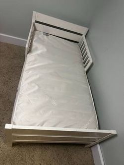 White Toddler Bed With Mattress and Accessories