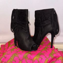 Black Fringe Peep Toe Stiletto Booties Heels Shoes 