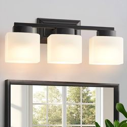 3-Light Black Bathroom Light Fixtures, Modern Vanity Lights with Frosted Glass Shade