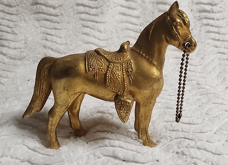 VINTAGE Hollow Cast Metal Saddle HORSE Pony Brass Goldtoned Statue 5"x4" GUC