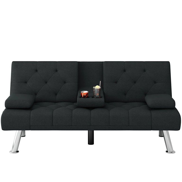 Homfa Upholstered Couch Sofa Bed, 66.3'' Folding Futon Sofa with Removable Armrests for Living Room, Black