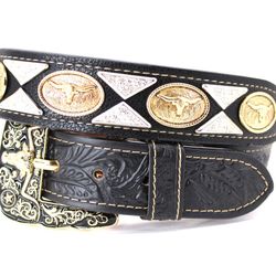 Western Belt Cowboy Leather Black Longhorn Concho Belt for Pants 28 30 32 34 36 38 Cinto Vaquero
