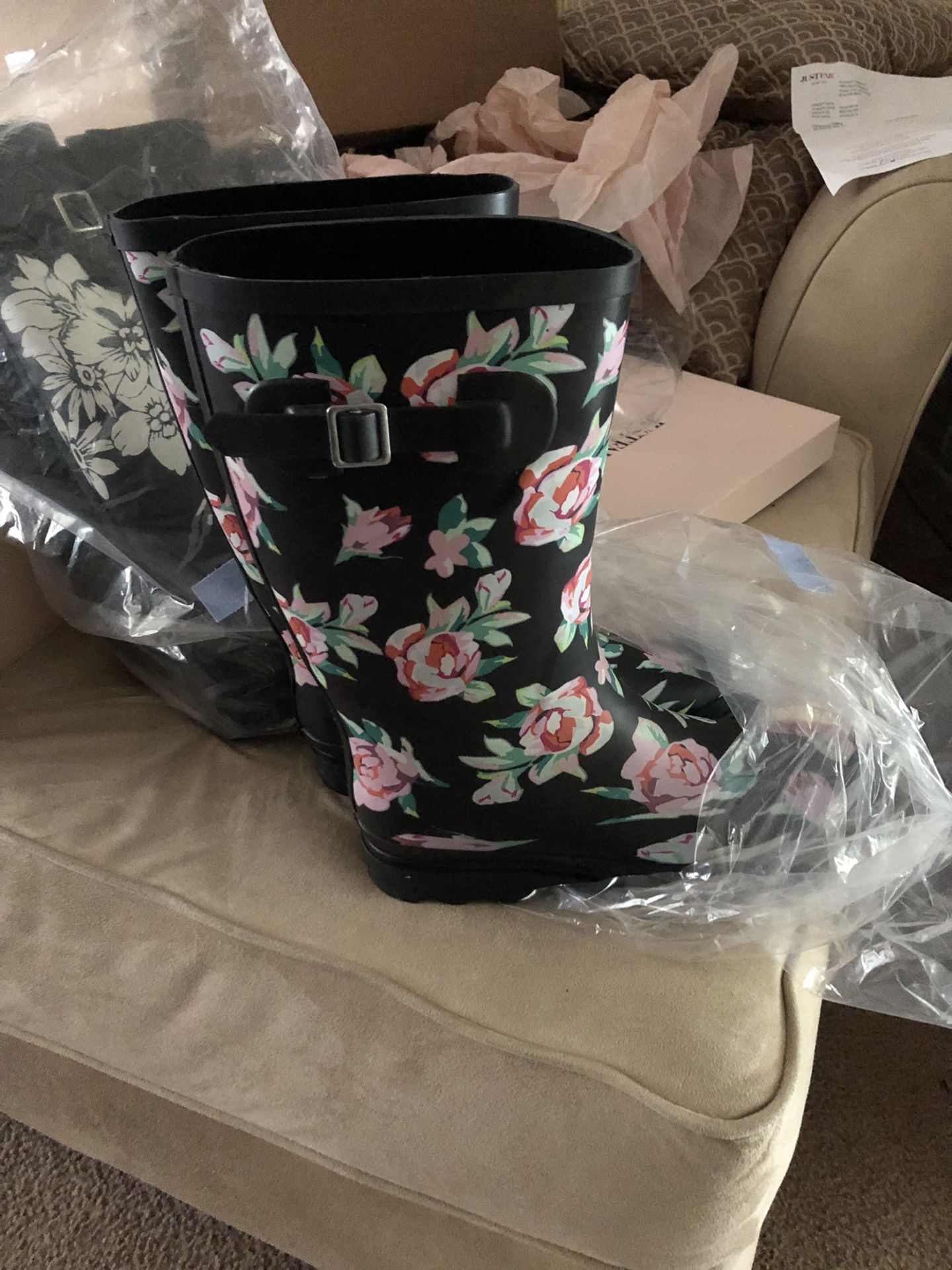 Size 9 black floral rain boots roses