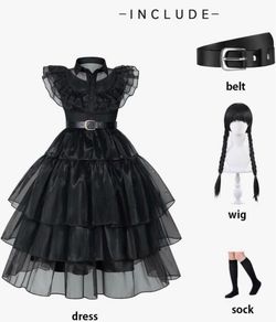 NWT Girls Black Costume Tiered Organza Party Dress with Ruffle Collar Size: 150