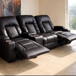 Modern Leather Recliner Set (3 Seats) w/ Cup Holders & Console – MUST SELL