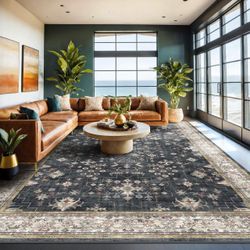 8' x 10' Farmhouse Area Rug-Washable-Non Slip/Dark Charcoal/Brand New