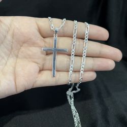 925 Sterling Silver Mens Womens Plain Cross Pendant & Figaro Chain