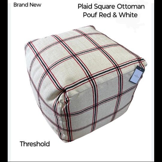 Brand New Threshold Plaid Square Ottoman Pouf Red And White
