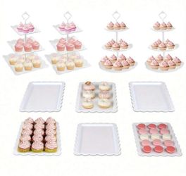 10 Pcs Cake Stand White Plastic Dessert Table Display Set 4 Pcs 3 Tired Cupcake Stand Cookie Tray Rack Serving Tray Cake Display Tower And 6 Pcs Desse