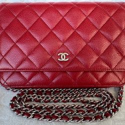 AUTHENTIC CHANEL WALLET ON CHAIN (WOC) RED QUILTED CAVIAR SILVER HD Purse Handbag