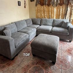 Brand New Grey Corduroy Sectional Sofa +Ottoman (New In Box) 