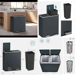 Trash Can, 2 x 8 Gallon (2 x 30 L) Double Garbage Can with Soft-Close Lids, Removable Inner Buckets,
