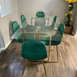 Large Gold Glass Dining Table and 6 Green Velvet Chairs