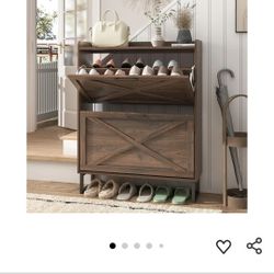 Maupvit Shoe Storage Cabinet with 2 Flip Drawers, Freestanding Organizer with Metal Legs for Entryway, Narrow Shoe Rack Cabinet, Dark Walnut