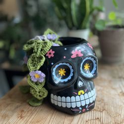 Candy Skull Planter Painted Ceramic For House Plants